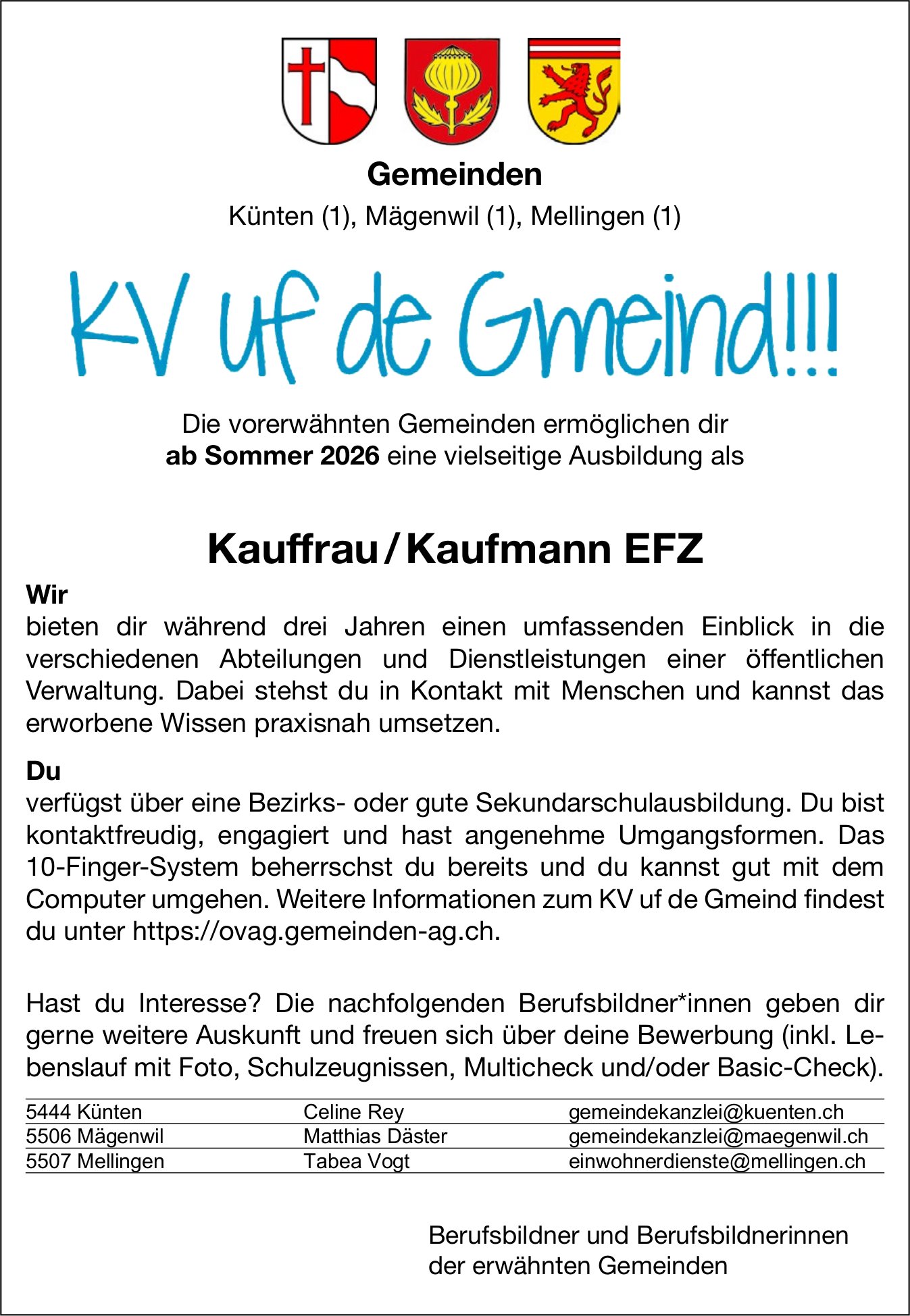 Lehrstelle als Kauffrau / Kaufmann EFZ, Gemeinden, Künten, Mägenwil und Mellingen,  zu vergeben