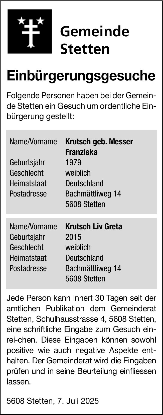 Stetten - Einbürgerungsgesuche