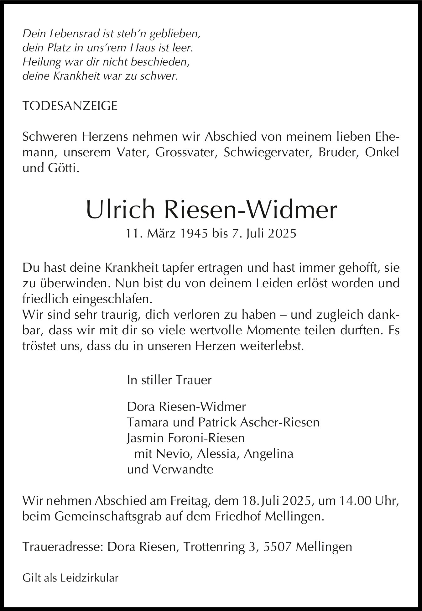 Riesen-Widmer Ulrich, Juli 2025 / TA