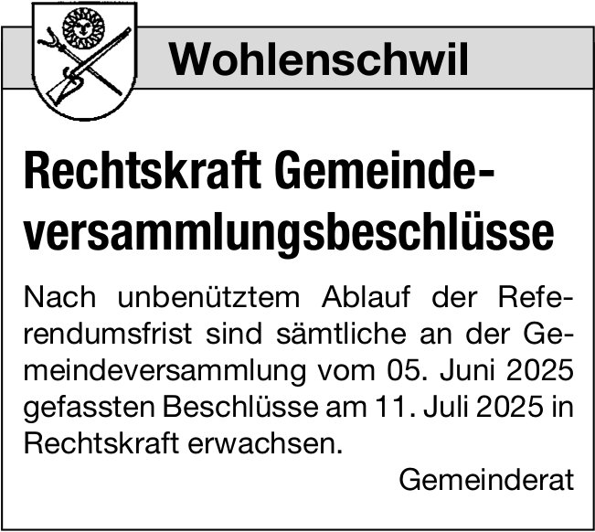 Wohlenschwil - Rechtskraft Gemeindeversammlungsbeschlüsse