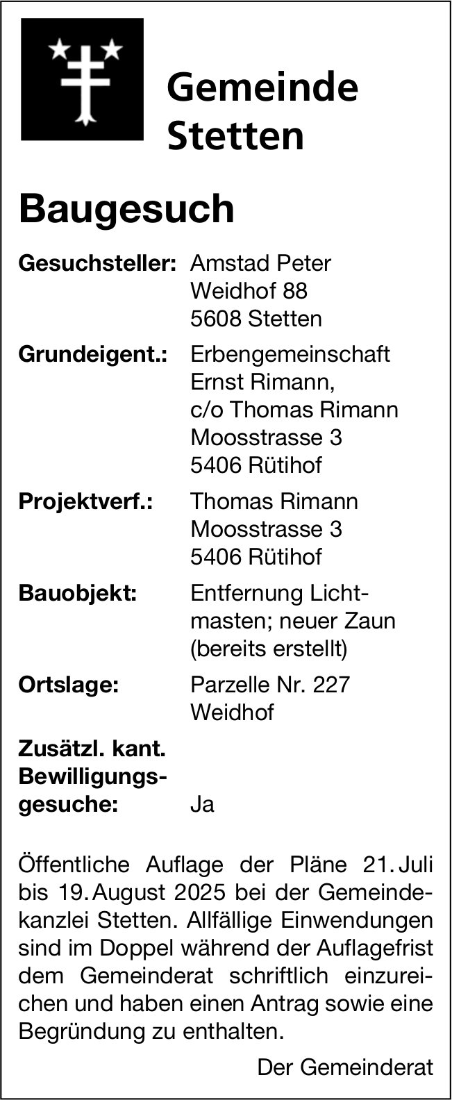Baugesuche, Stetten - Amstad Peter