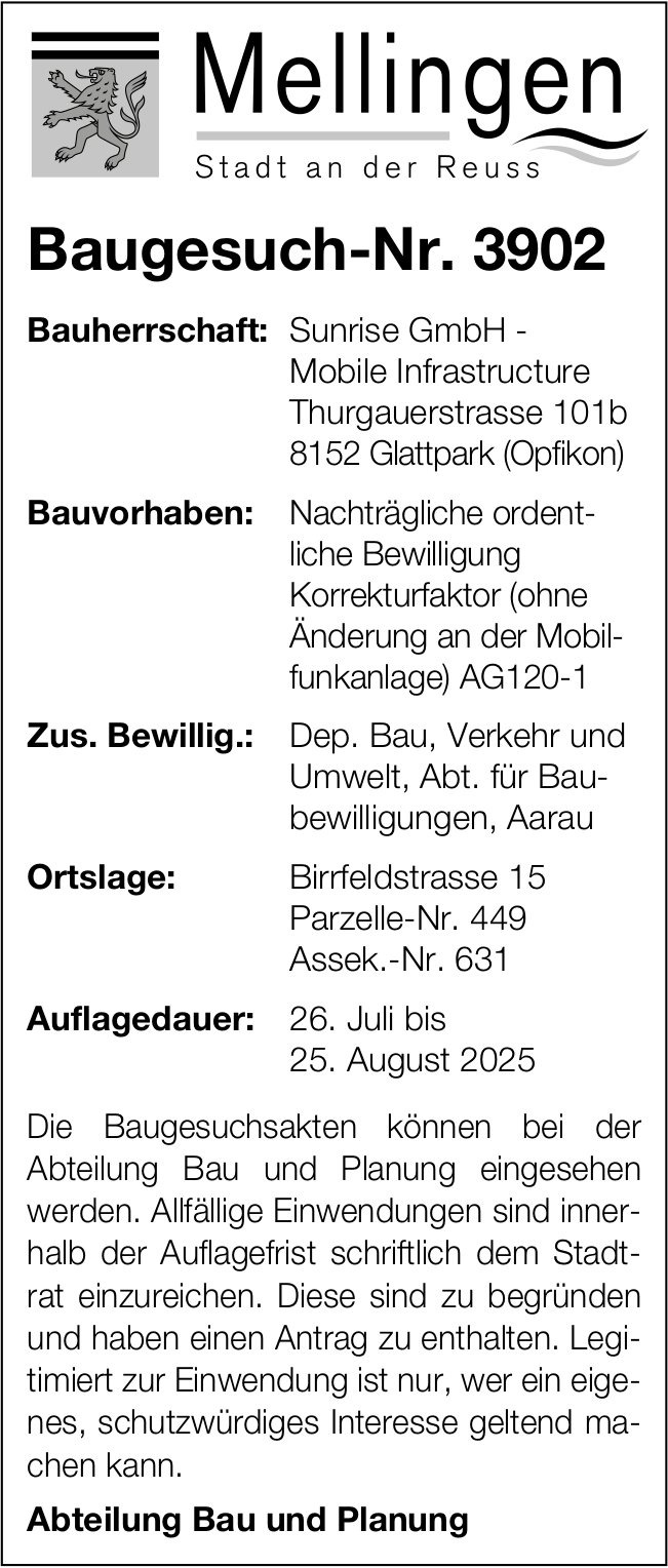Baugesuche, Mellingen - Sunrise GmbH - Mobile Infrastructure
