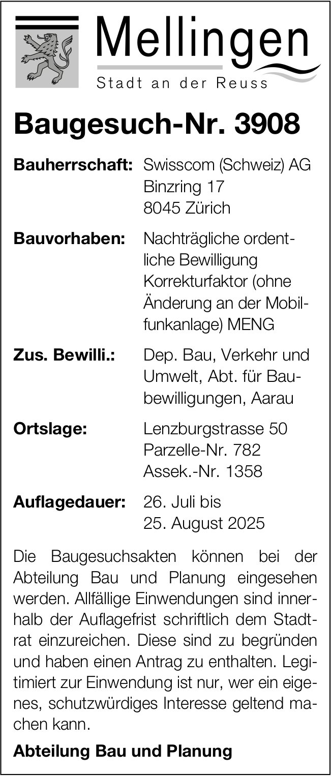Baugesuche, Mellingen - Swisscom (Schweiz) AG