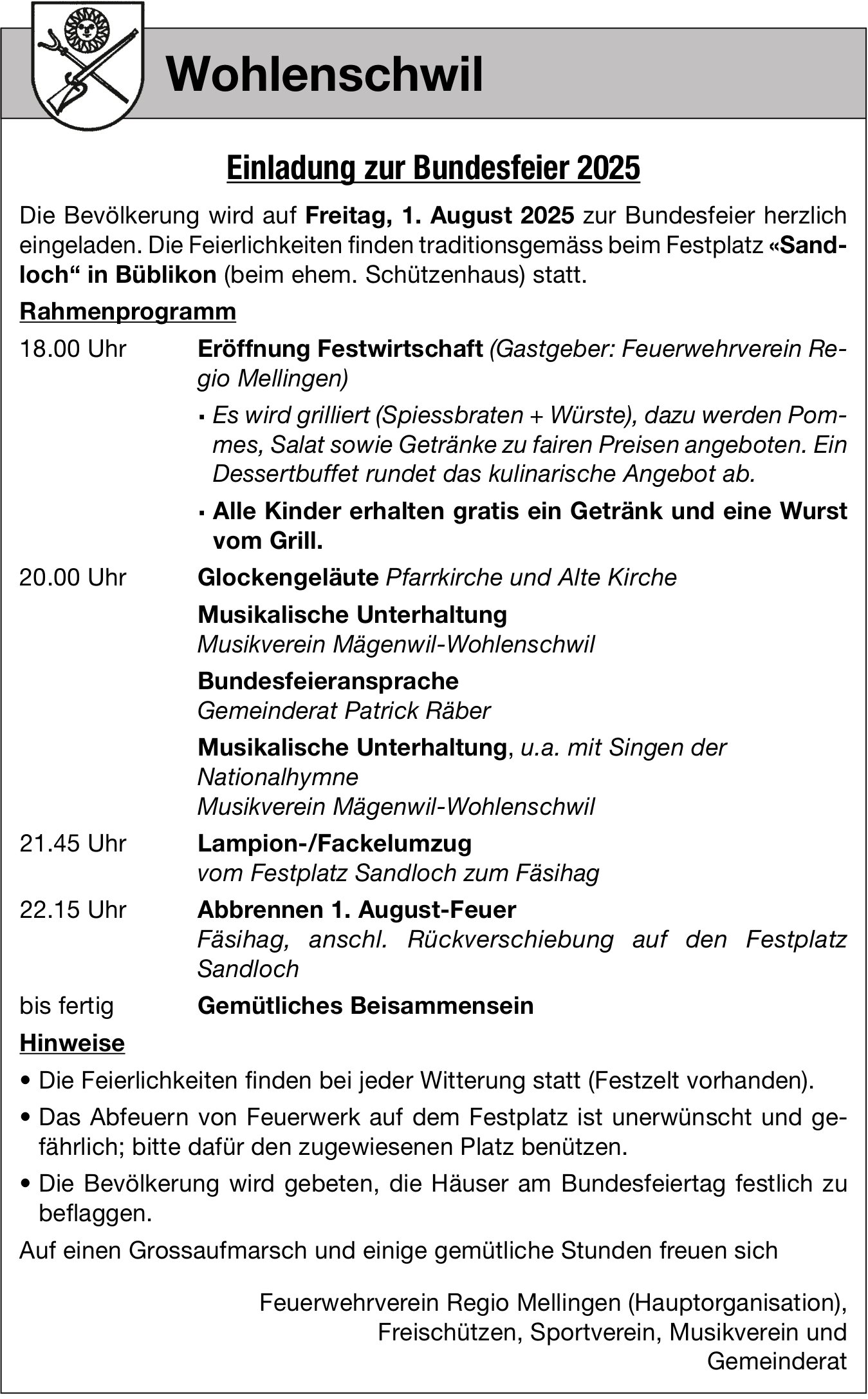Bundesfeier, 1. August, Festplatz Sandloch Büblikon, Wohlenschwil