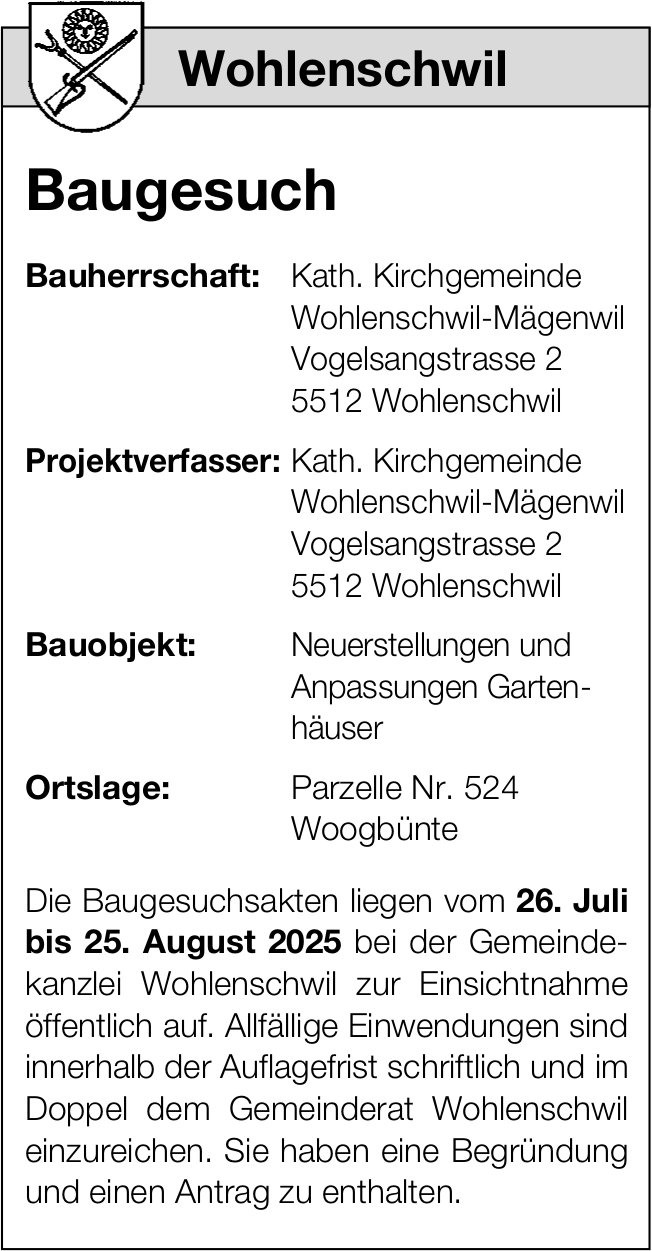 Baugesuche, Wohlenschwil-Mägendwil - Kath. Kirchgemeinde