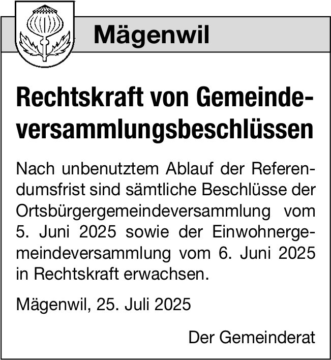 Gemeinde, Mägenwil - Rechtskraft von Gemeindeversammlungsbeschlüssen