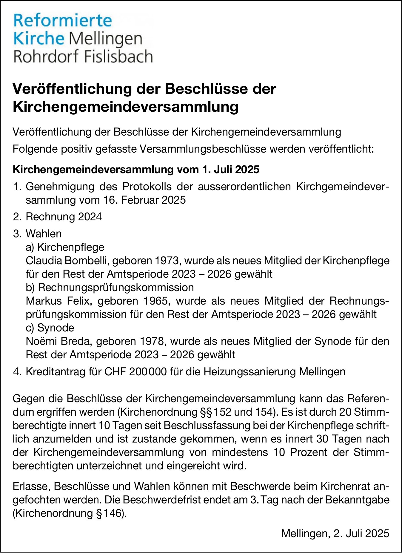 Gemeinde, Mellingen - Veröffentlichung der Beschlüsse der Kirchengemeindeversammlung