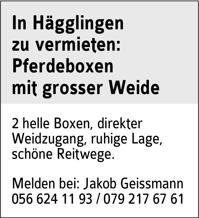 Pferdeboxen mit grosser Weide, Hägglingen, zu vermieten