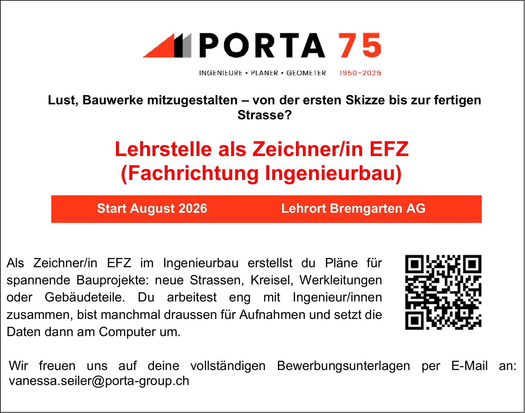 Lehrstelle als Zeichner/in EFZ (Fachrichtung Ingenieurbau), Porta 75, Bremgarten, zu vergeben