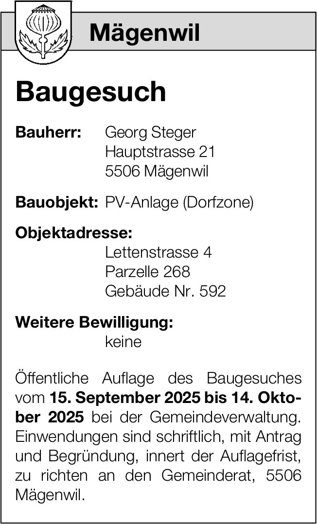 Baugesuche, Mägenwil - Georg Steger