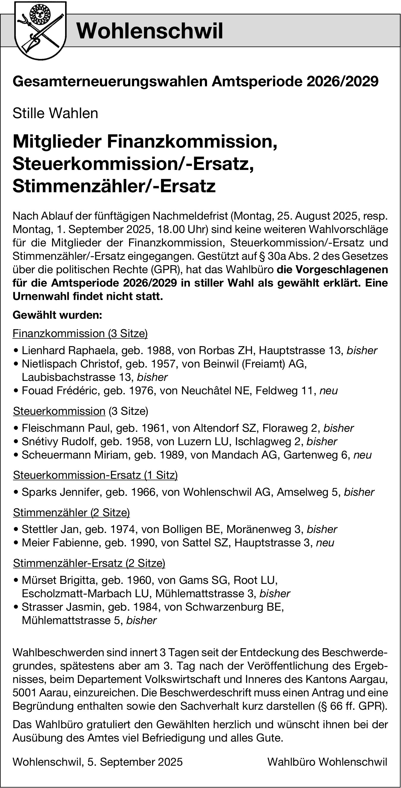 Wahlen & Abstimmungen, Wohlenschwil - Gesamterneuerungswahlen