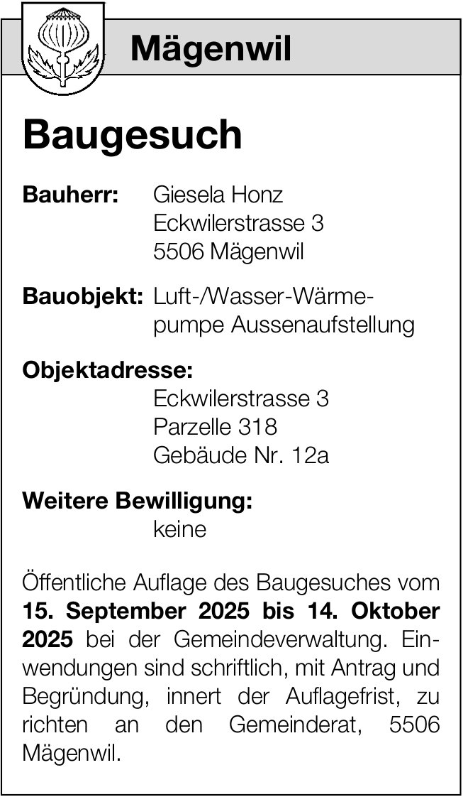 Baugesuche, Mägenwil - Giesela Honz