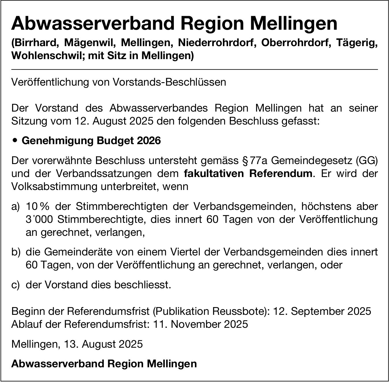 Sonstiges, Abwasserverband Region Mellingen, Vorstands-Beschlüsse