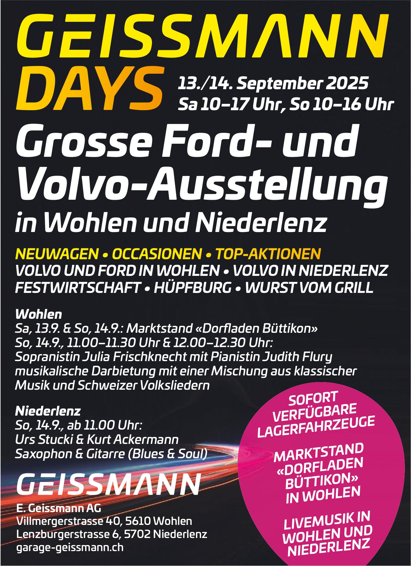 Grosse Ford- und Volvo-Ausstellung, 13. und 14. September, E. Geissmann AG, Wohlen