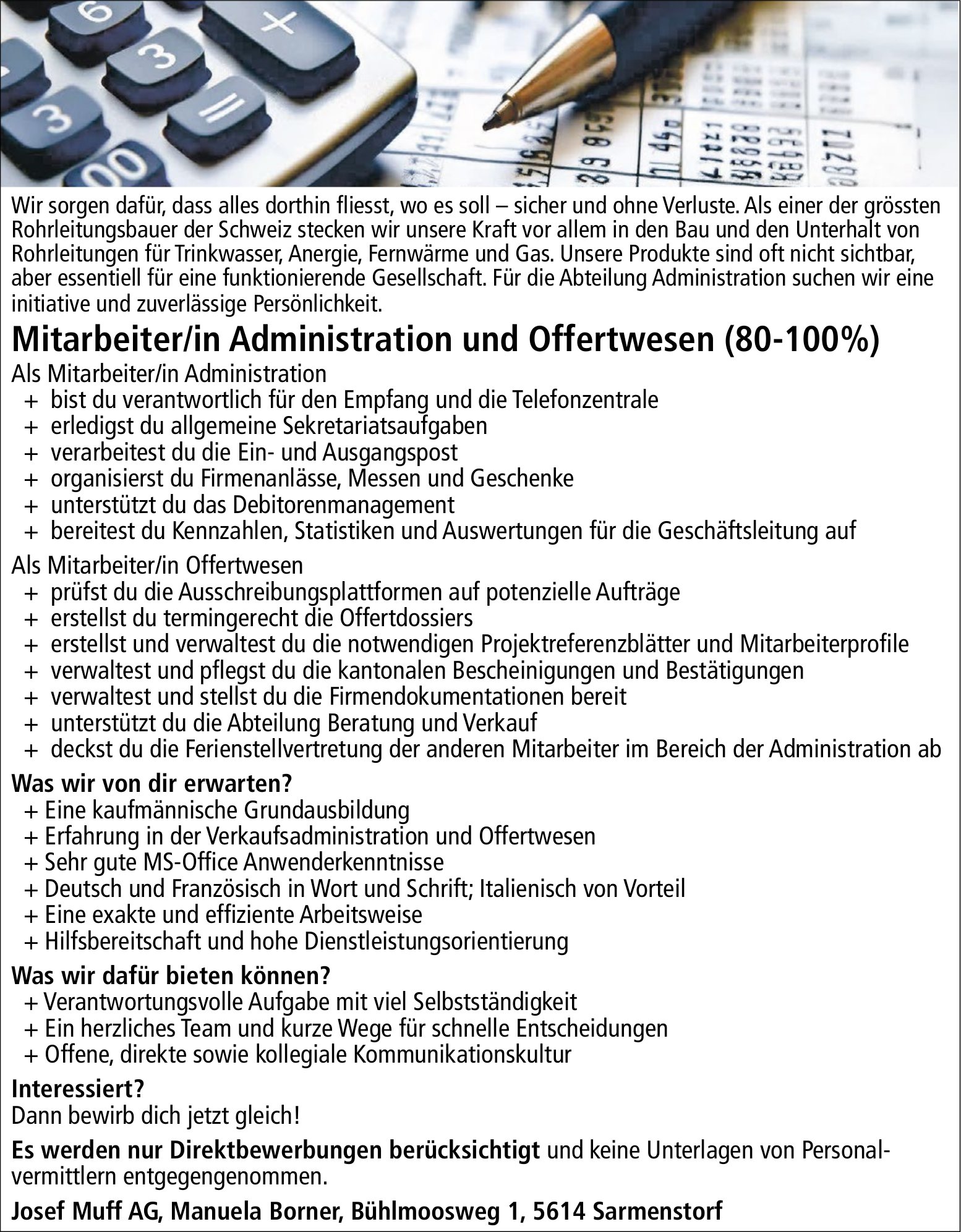Mitarbeiter/in Administration und Offertwesen (80-100%), Josef Muff AG, Sarmenstorf, gesucht