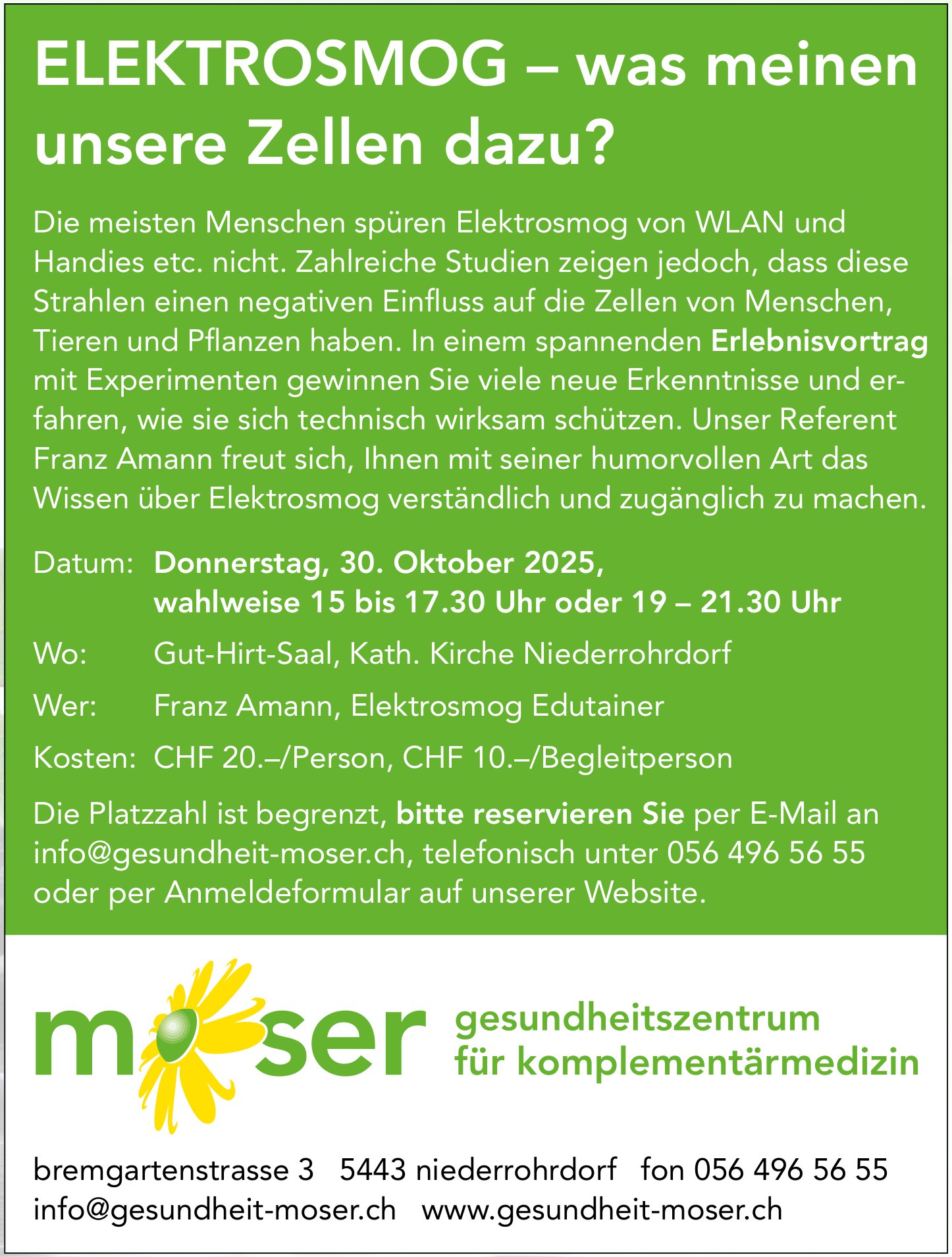 Elektrosmog – was meinen unsere Zellen dazu?, 30. Oktober, Kath. Kirche, Niederrohrdorf