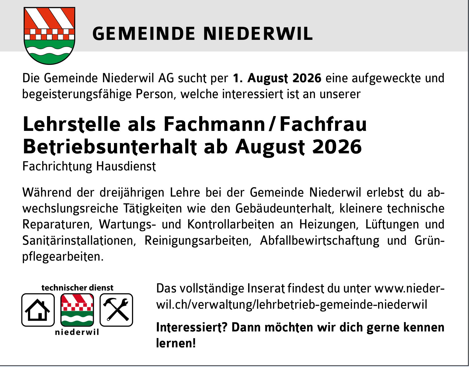 Lehrstelle als Fachmann/frau Betriebsunterhalt, Gemeinde, Niederwil, zu vergeben
