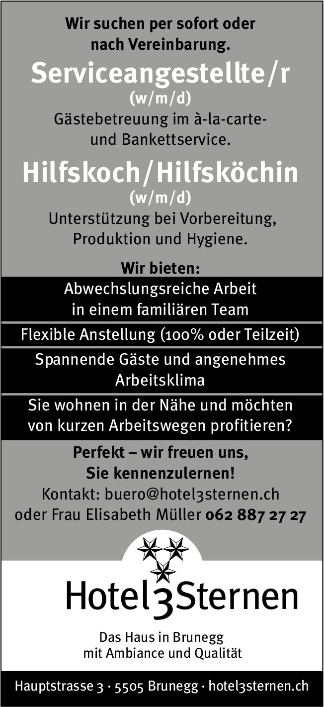 Serviceangestellte/r und Hilfskoch/Hilfsköchin, w/m/d, Hotel 3 Sternen, Brunegg,  gesucht
