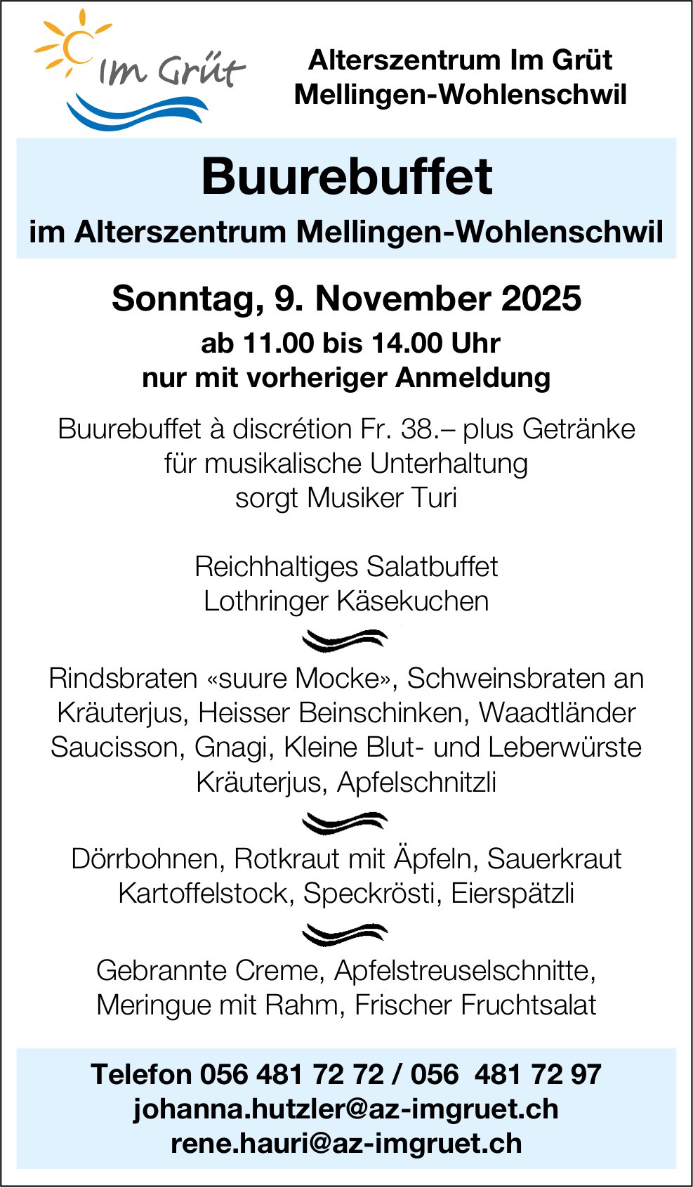 Buurebuffet, 9. November, Alterszentrum Im Grüt, Wohlenschwil