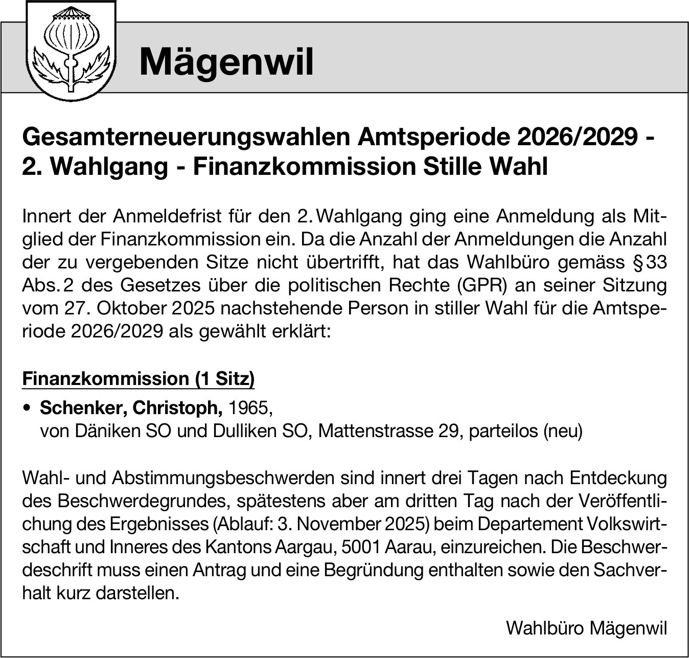 Wahlen & Abstimmungen, Mägenwil - Gesamterneuerungswahlen