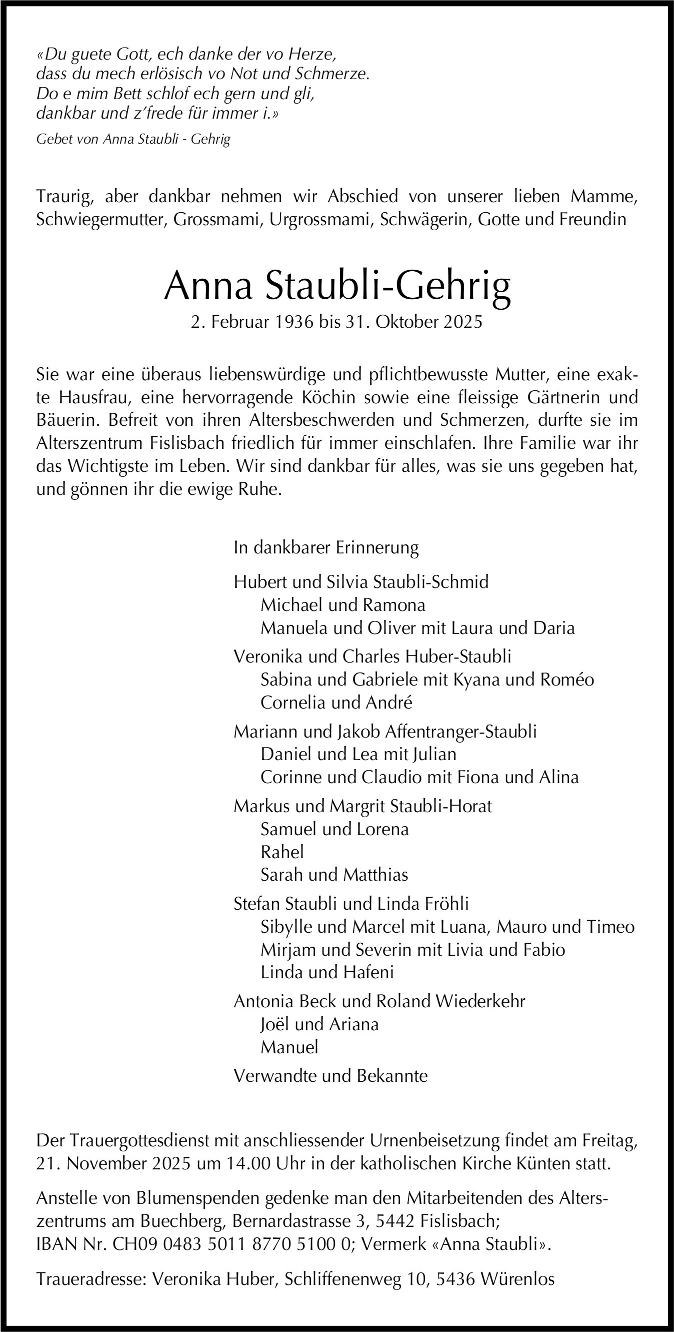 Staubli-Gehrig Anna, Oktober 2025 / TA