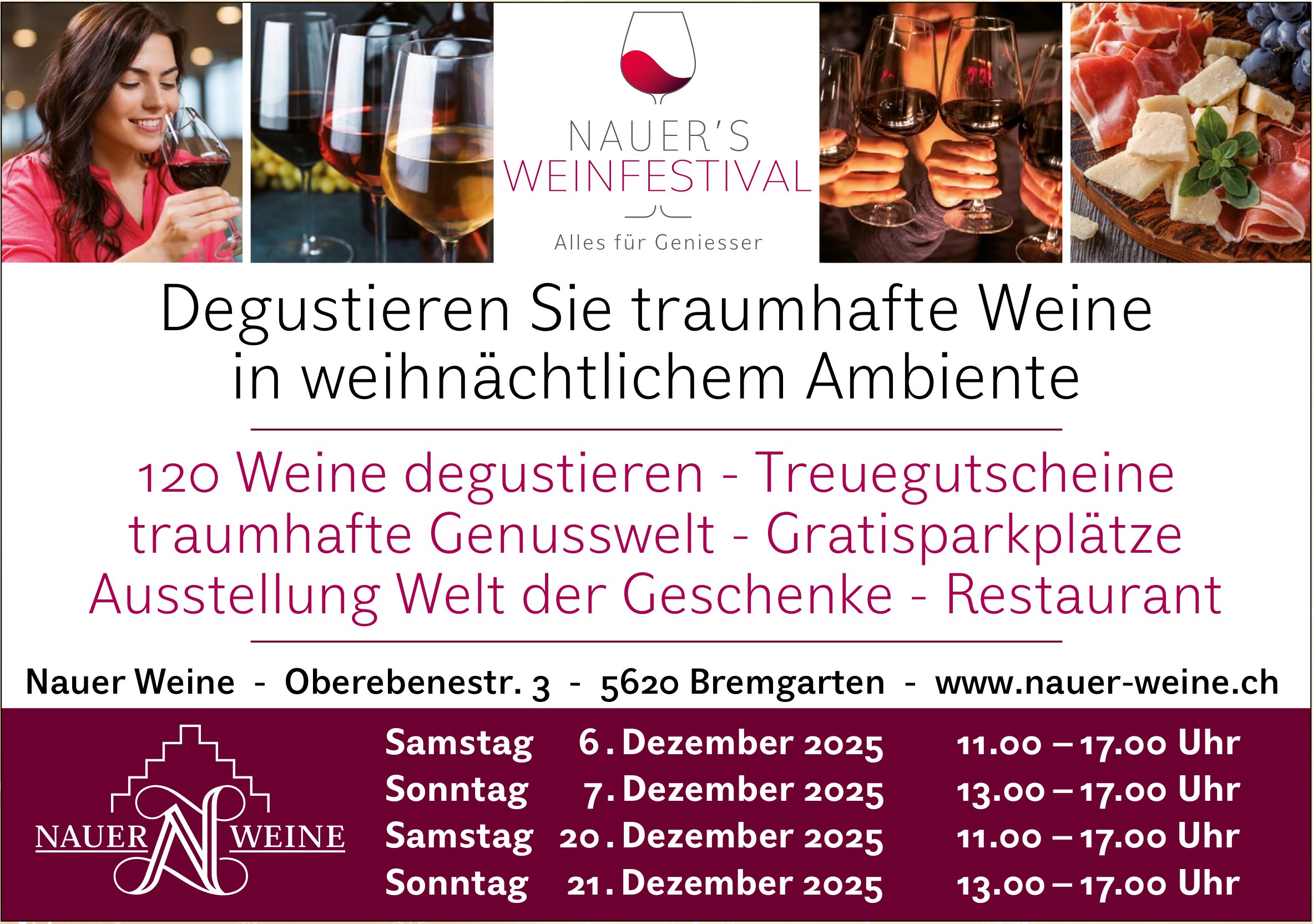 Degustieren Sie traumhafte Weine in weihnächtlichem Ambiente, 6./7. und 20./21. Dezember, Nauer Weine, Bremgarten