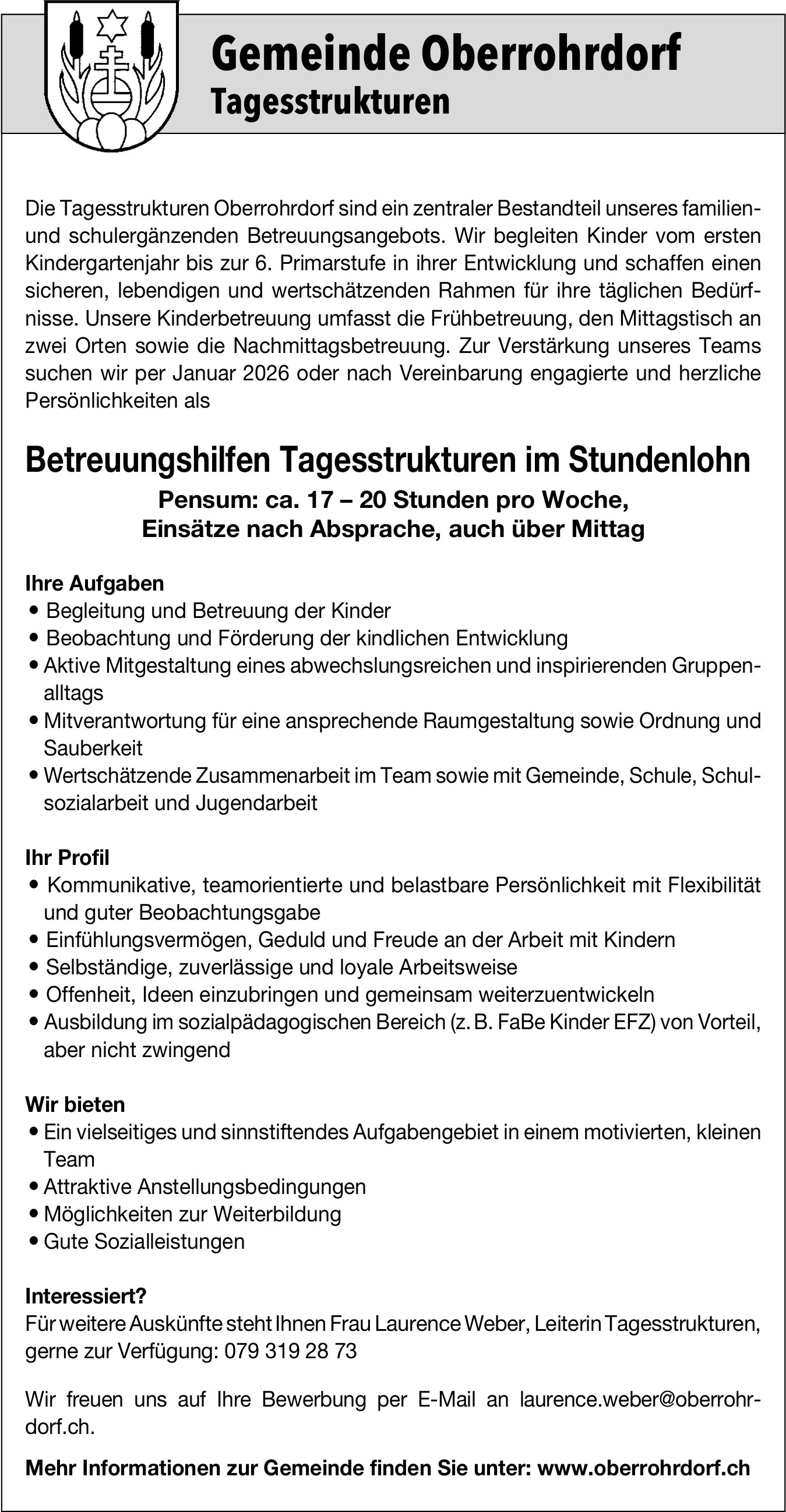 Betreuungshilfen Tagesstrukturen im Stundenlohn, Gemeinde, Oberrohrdorf, gesucht