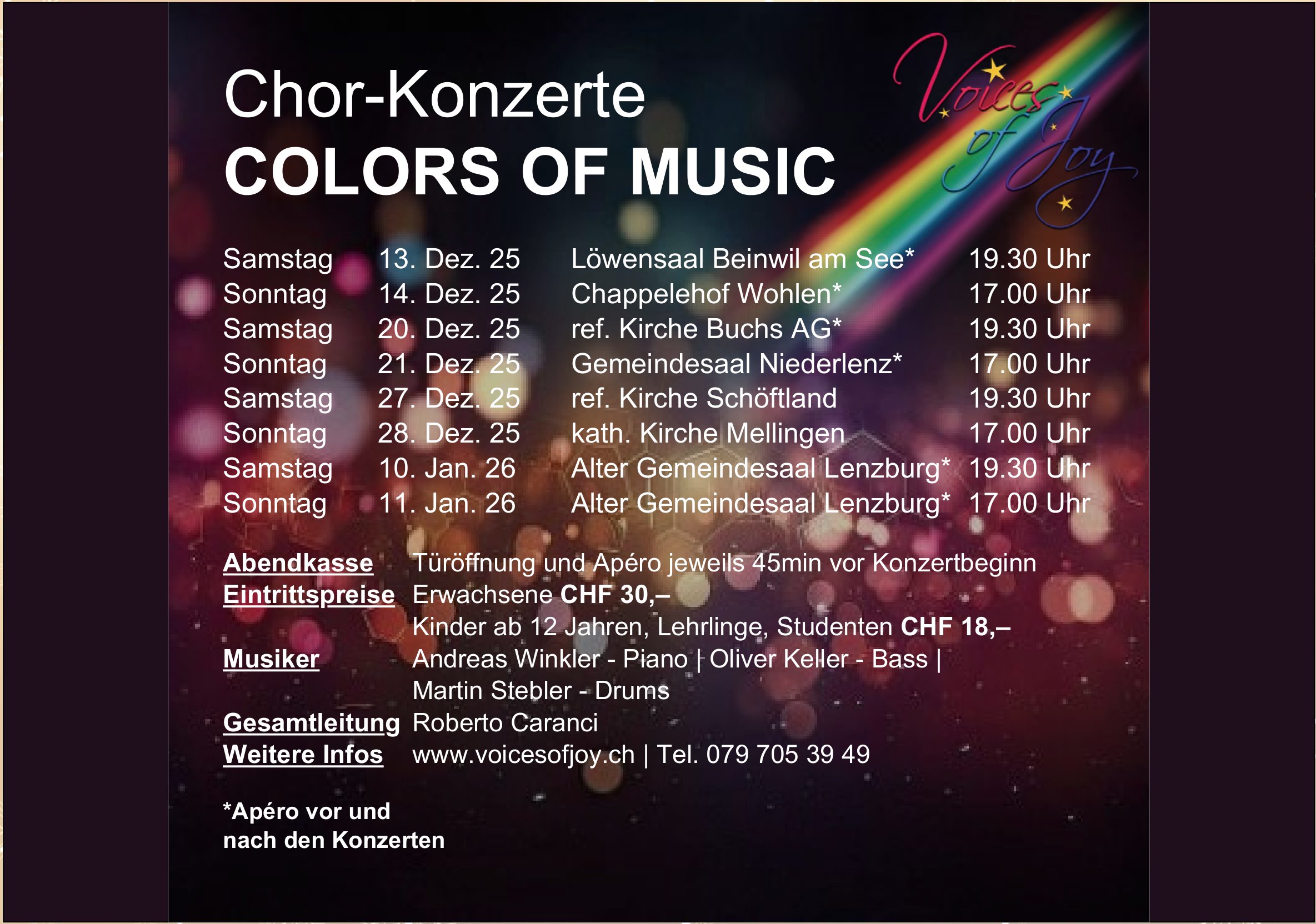 Chor-Konzerte Colors of Music, jeweils samstags und sonntags, 13. Dezember bis 11. Januar, Im ganzen Kanton Aargau