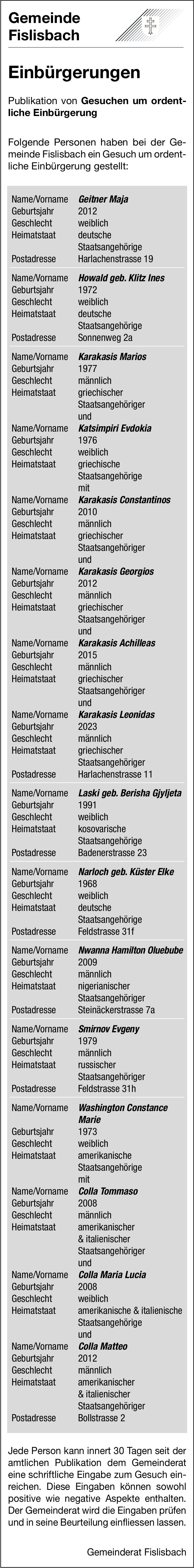 Gemeinde, Fislisbach - Einbürgerungen