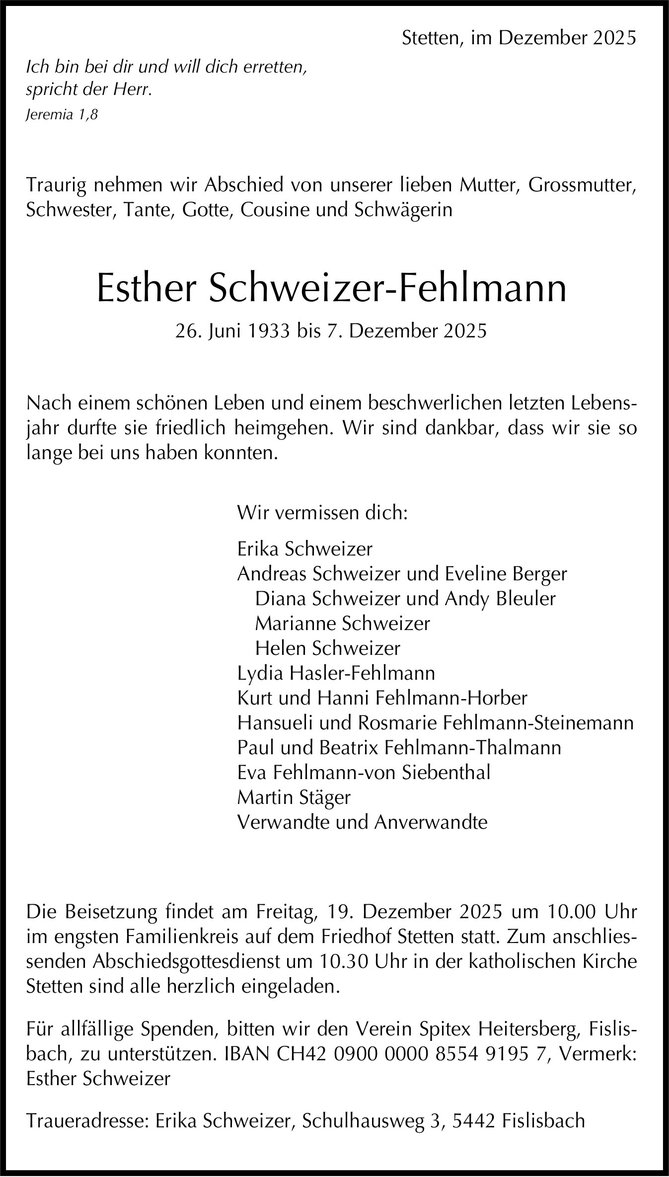 Schweizer-Fehlmann Esther, Dezember 2025 / TA