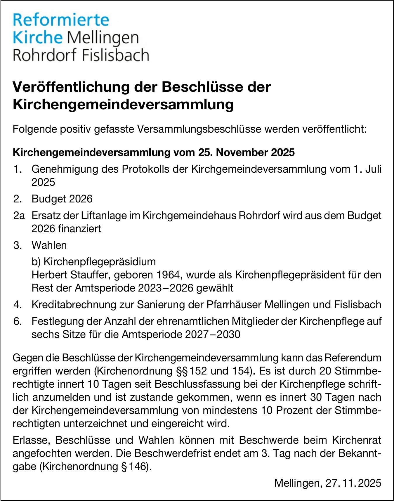 Gemeinde, Mellingen, Rohrdorf,  Fislisbach - Veröffentlichung der Beschlüsse der Kirchengemeindeversammlung
