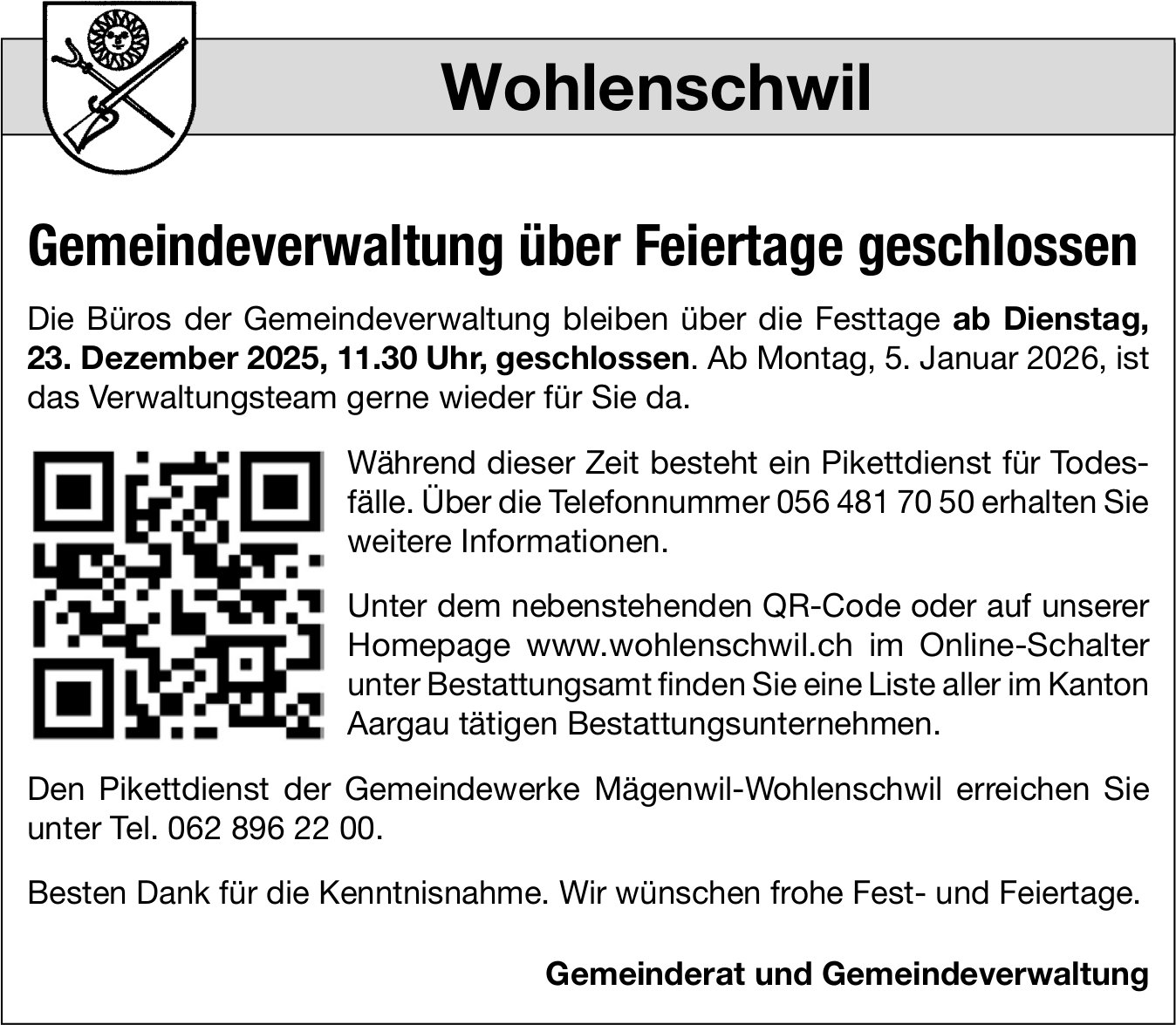 Gemeinde, Wohlenschwil - Gemeindeverwaltung über Feiertage geschlossen