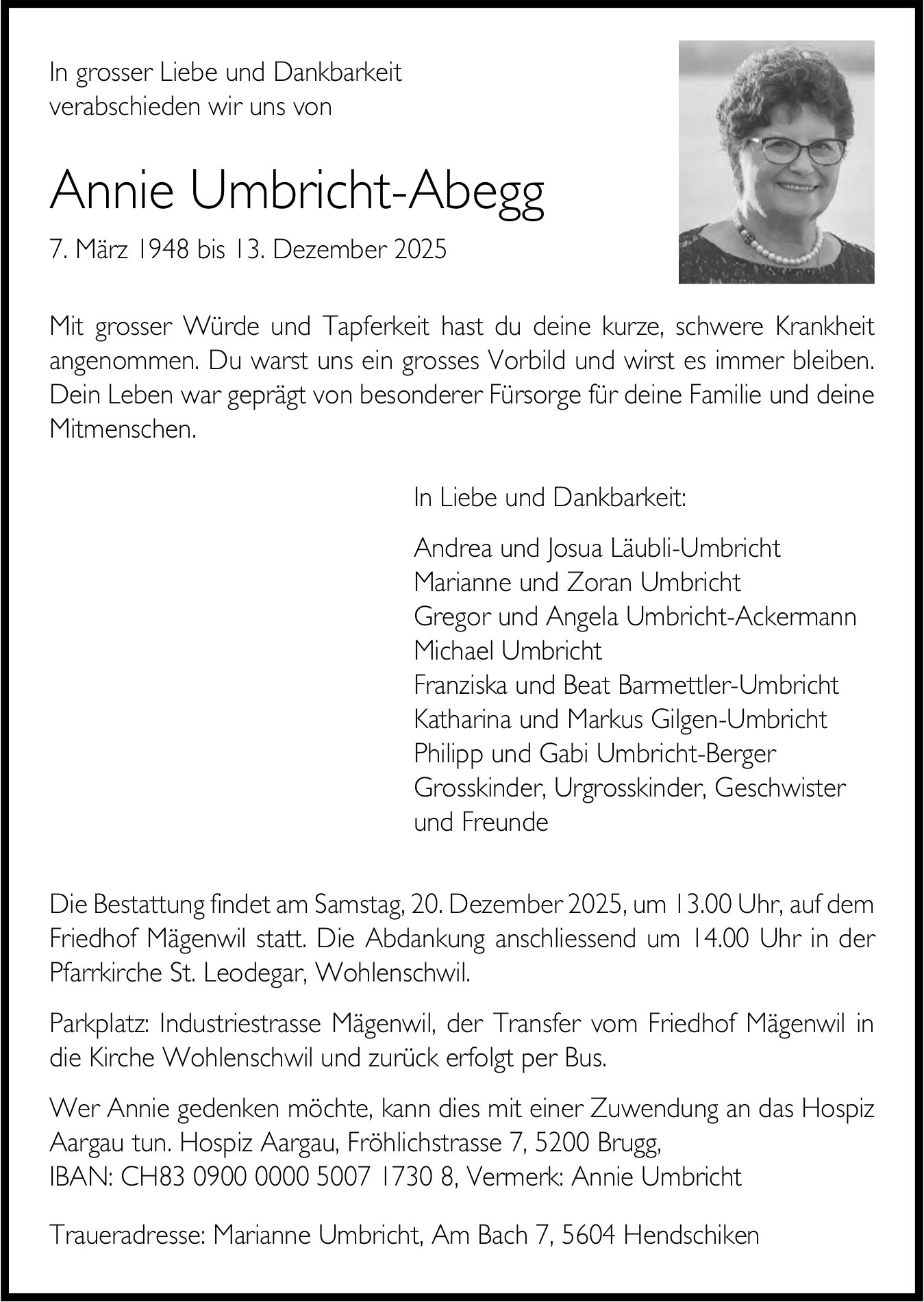 Umbricht-Abegg Annie, Dezember 2025 / TA