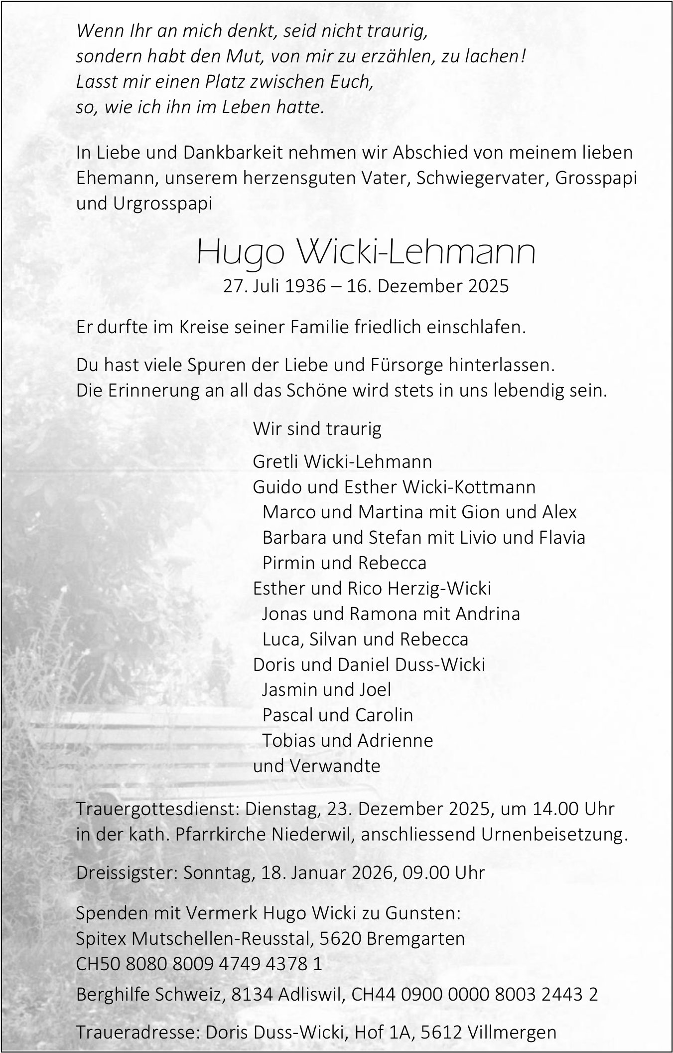 Wicki-Lehmann Hugo, Dezember 2025 / TA