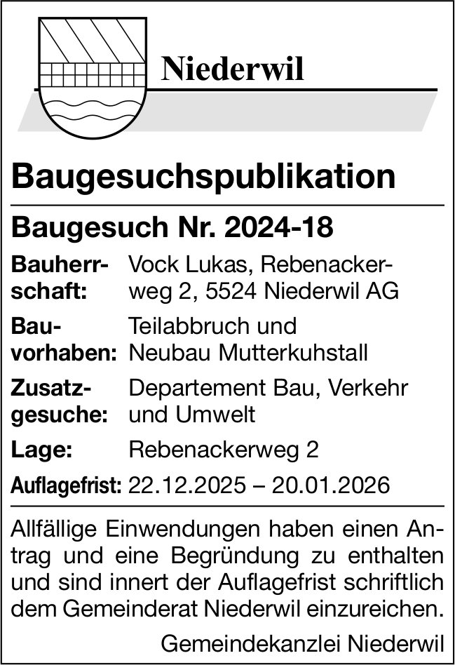 Baugesuche, Niederwil - Vock Lukas