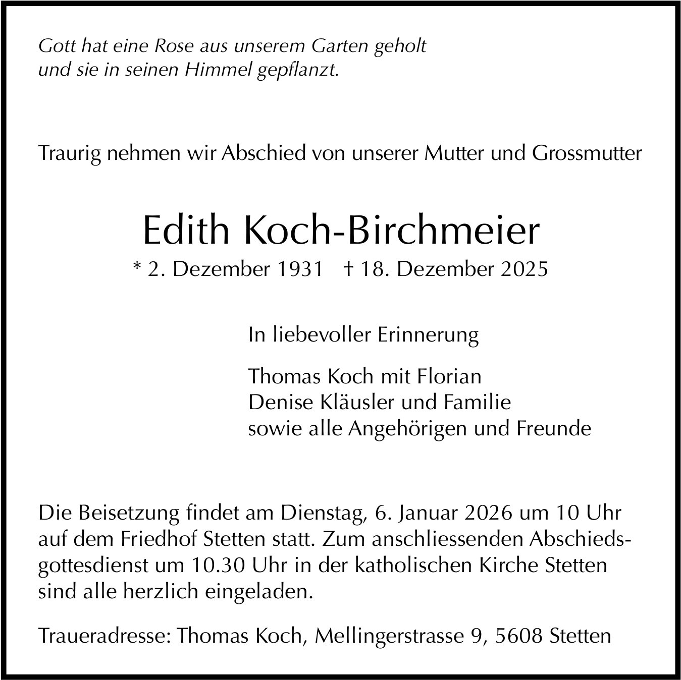 Koch-Birchmeier Edith, Dezember 2025 / TA