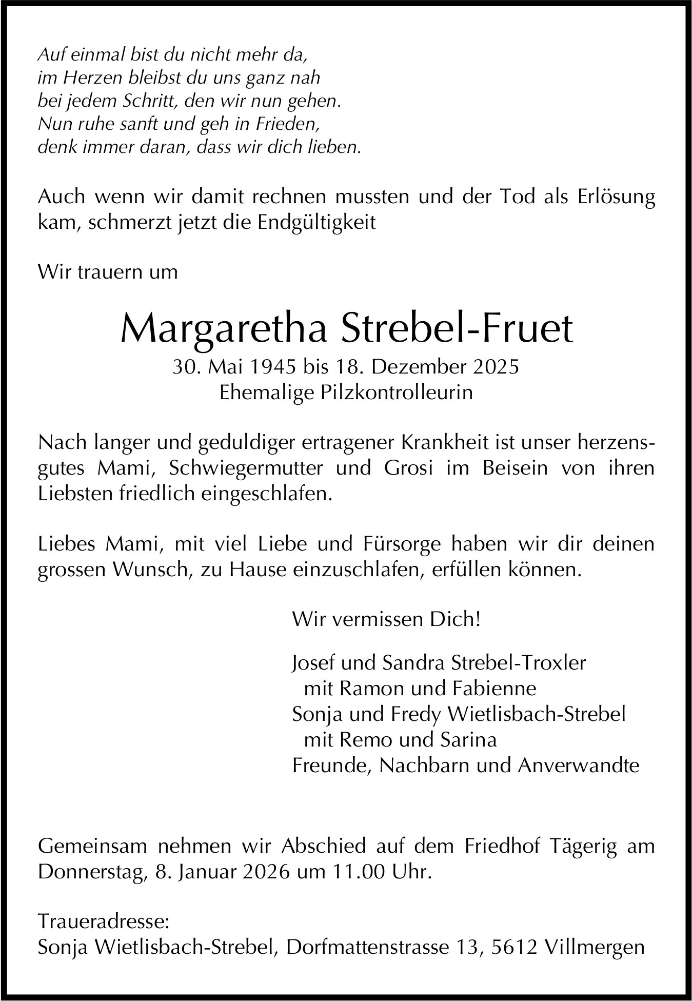 Strebel-Fruet Margaretha, Dezember 2025 / TA