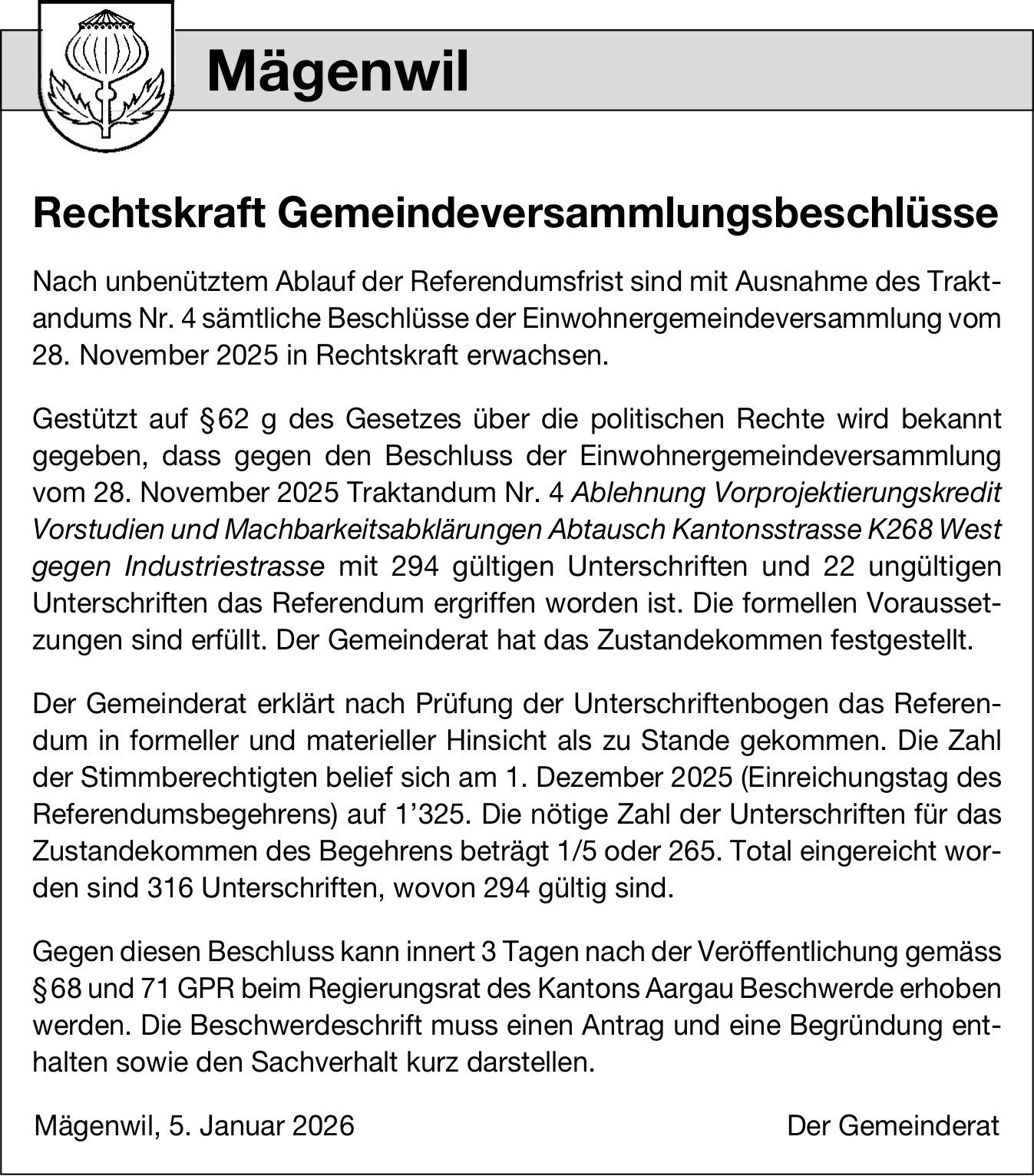 Gemeinde, Mägenwil - Rechtskraft Gemeindeversammlungsbeschlüsse