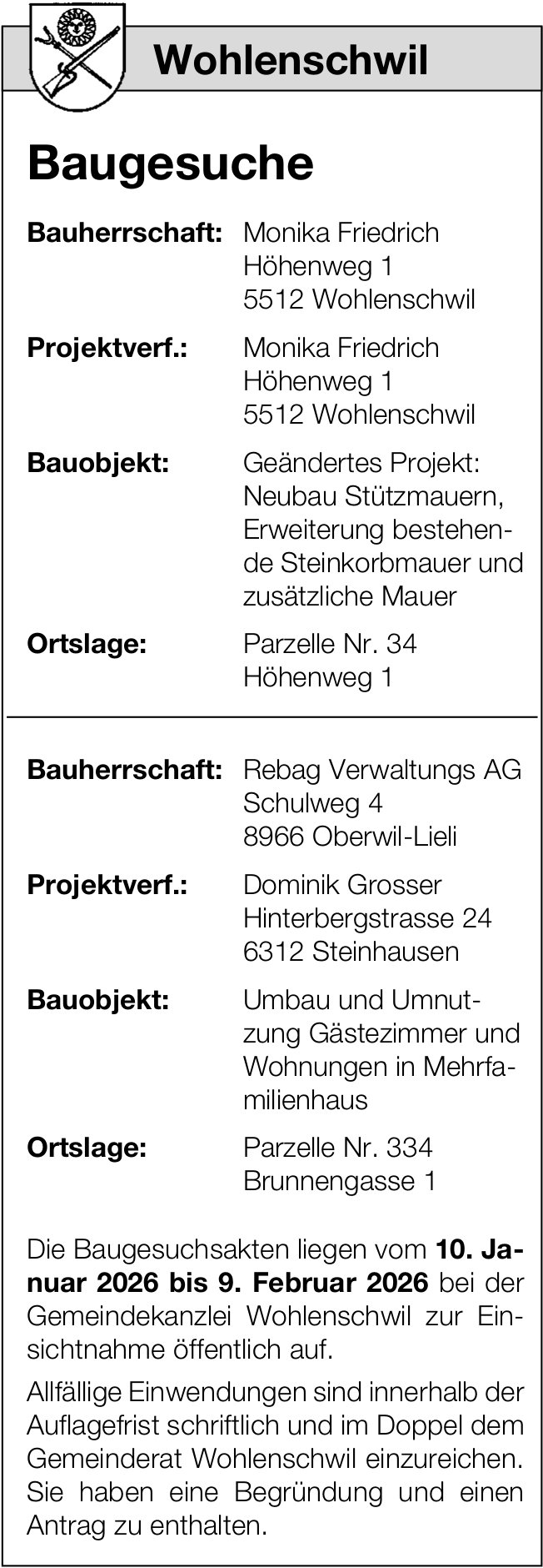 Baugesuche, Wohlenschwil - Monika Friedrich