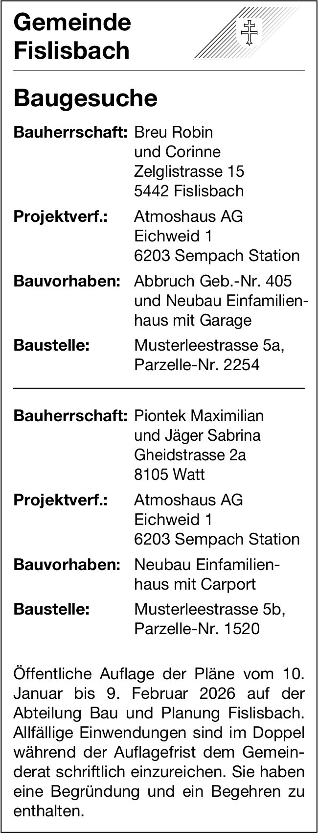 Baugesuche, Fislisbach - Breu Robin und Corinne