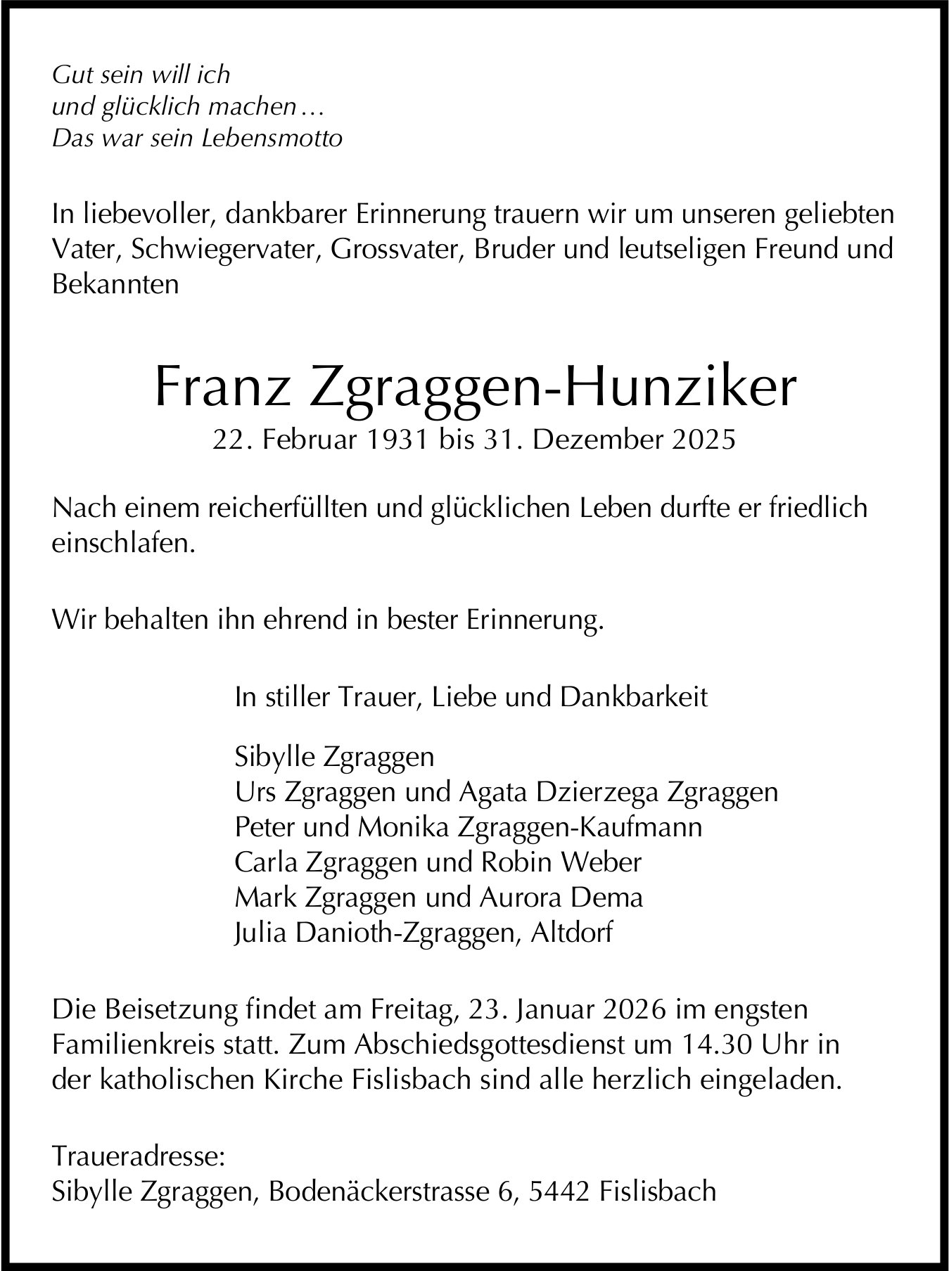 Zgraggen­-Hunziker Franz, Dezember 2025 / TA