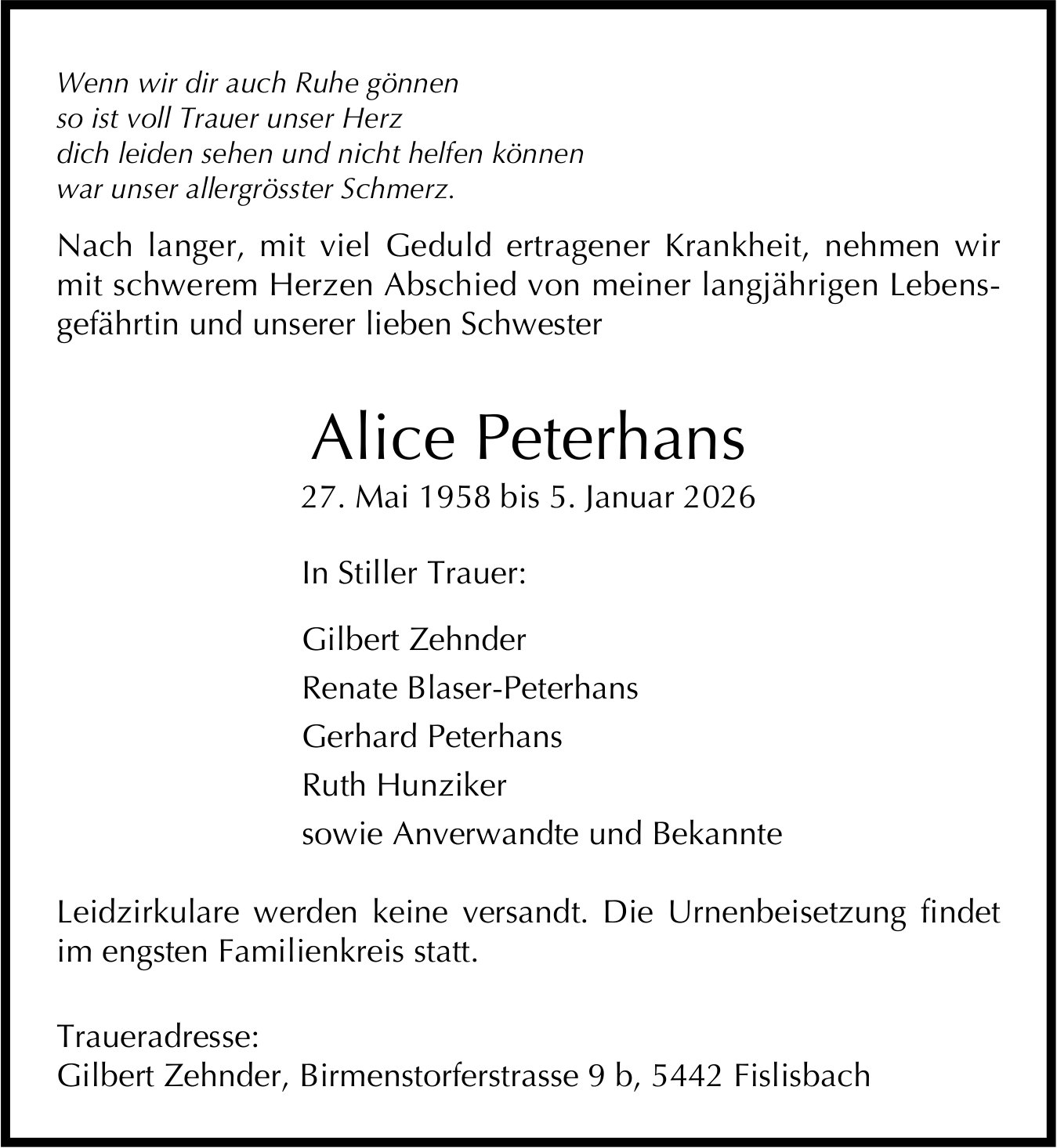 Peterhans Alice, Januar 2026 / TA