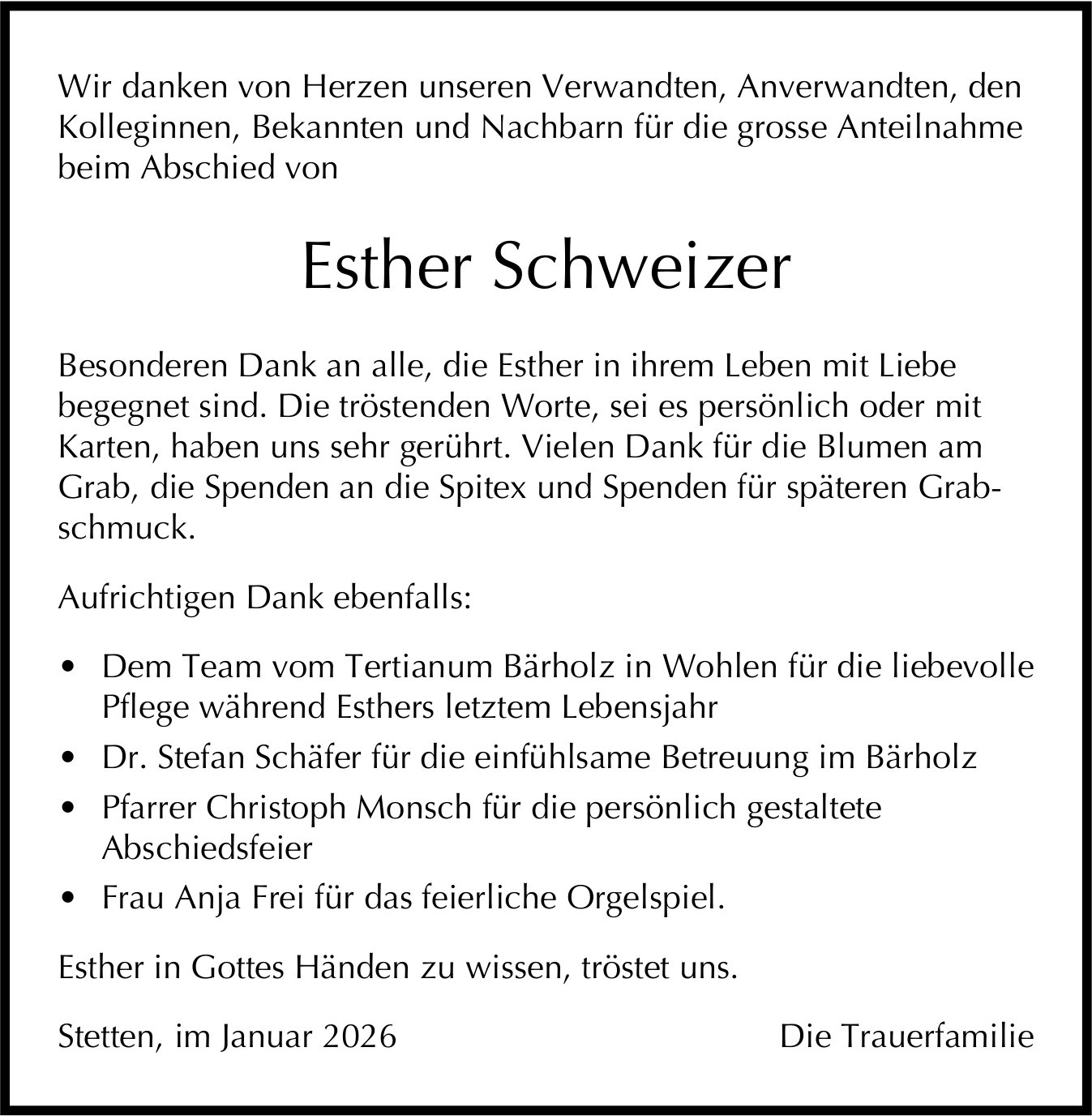 Schweizer Esther, im Januar 2026 / DS