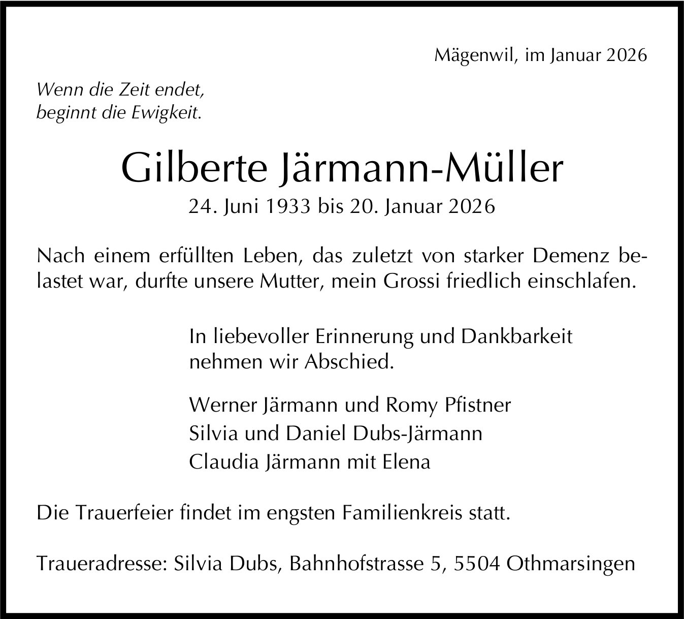 Järmann-Müller Gilberte, Januar 2026 / TA