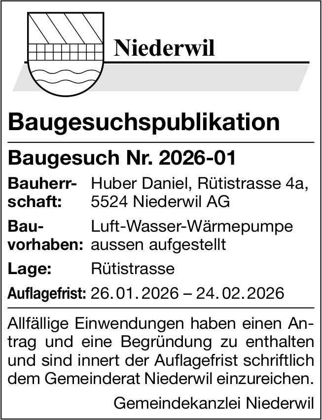 Baugesuche, Niederwil - Huber Daniel