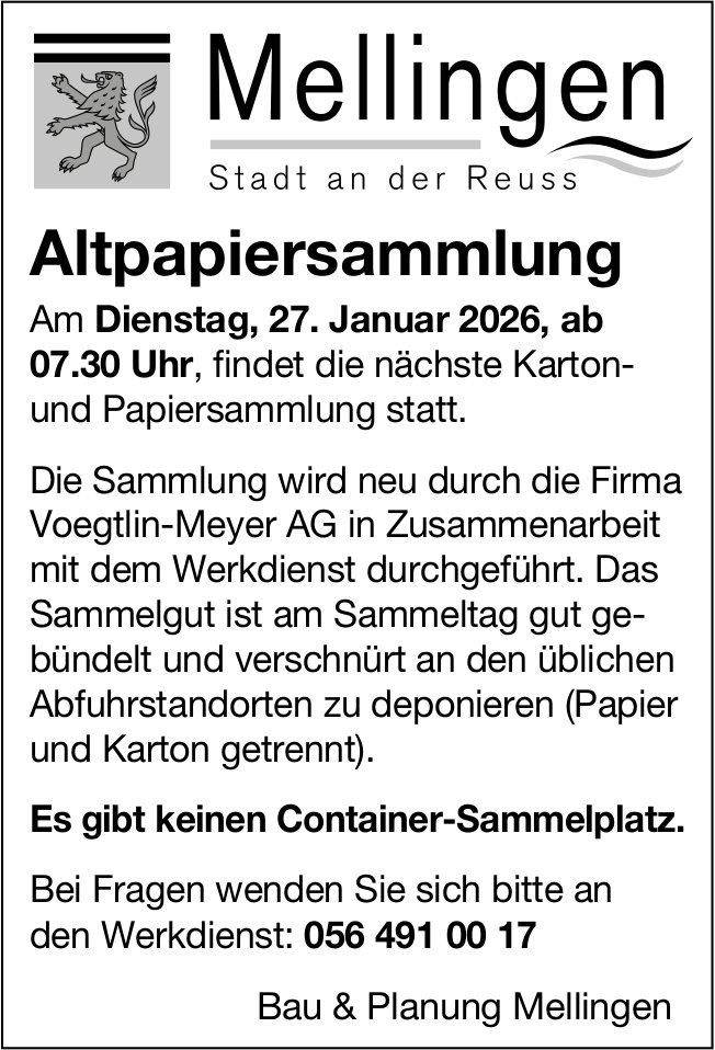 Gemeinde, Mellingen - Altpapiersammlung, 27. Januar