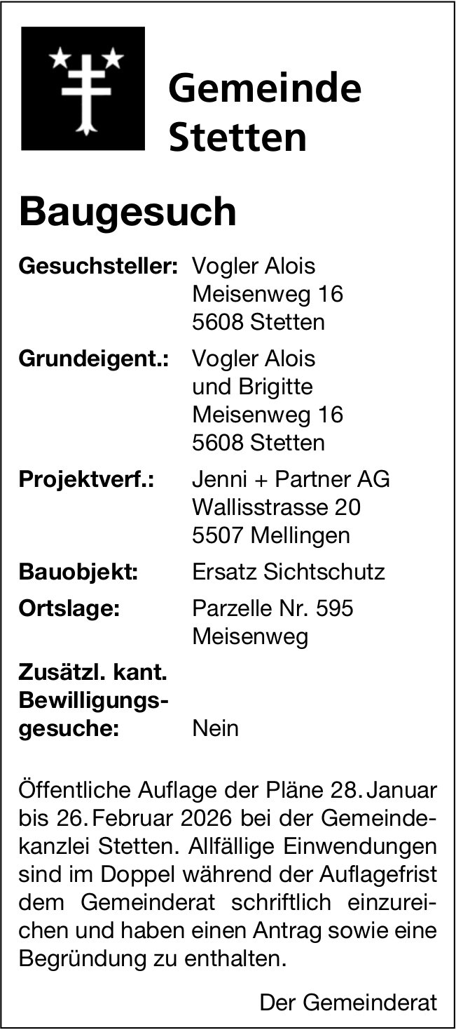 Baugesuche, Stetten - Vogler Alois