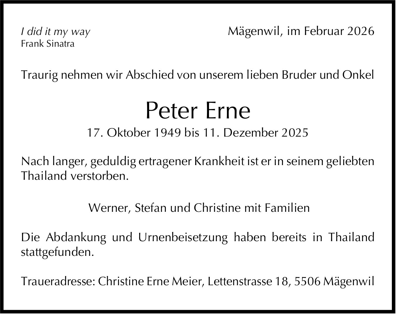 Erne Peter, Dezember 2025 / TA