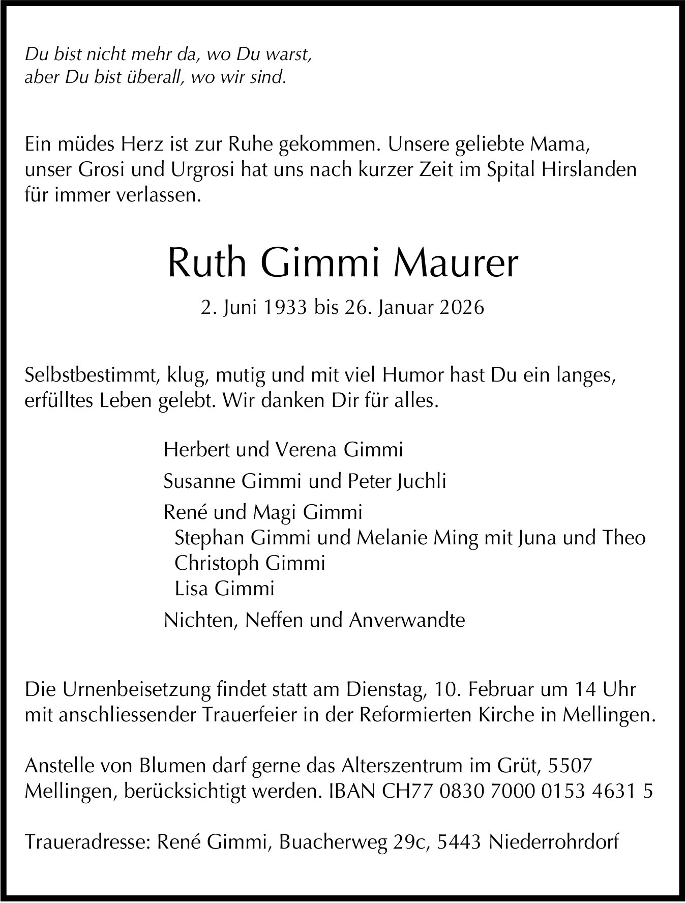 Maurer Ruth Gimmi, Januar 2026 / TA