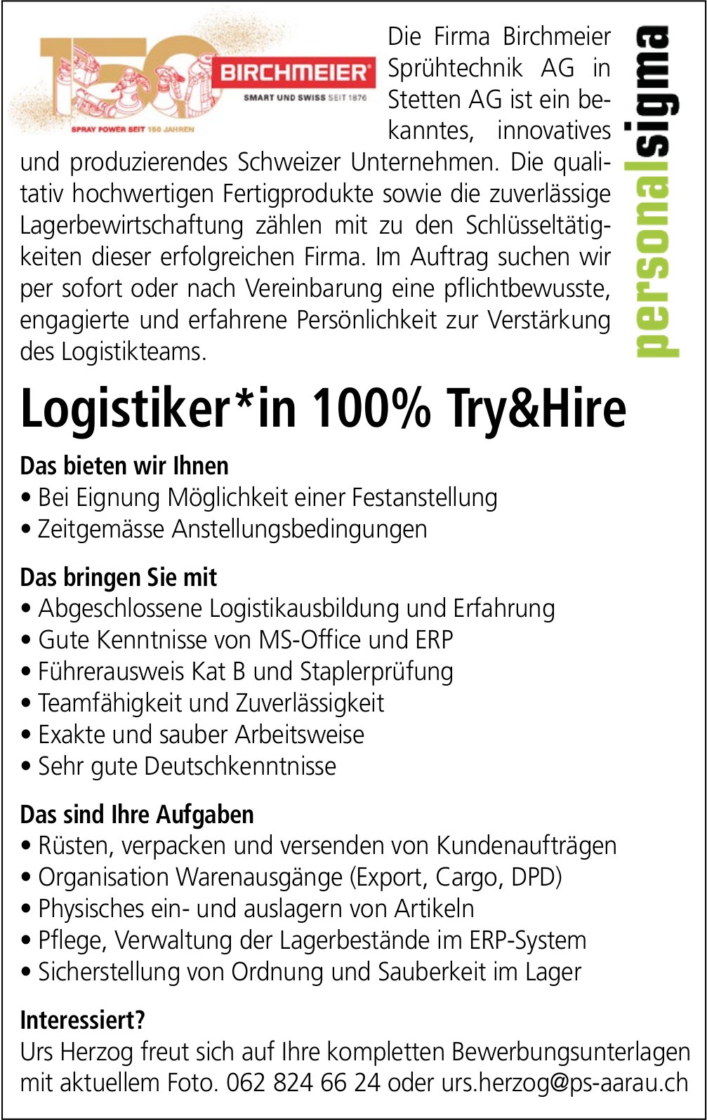 Logistiker*in 100% Try&Hire, Birchmeier Sprühtechnik AG, Stetten, gesucht